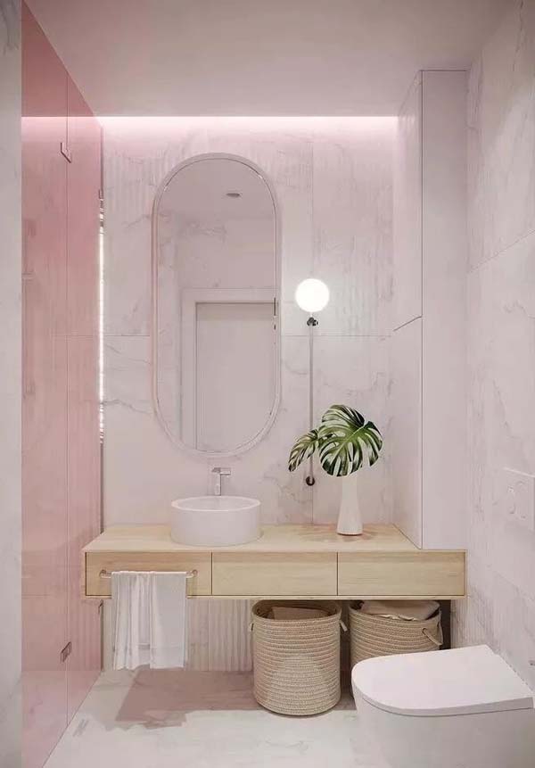 粉色系卫生间壁挂式洗手台效果图2