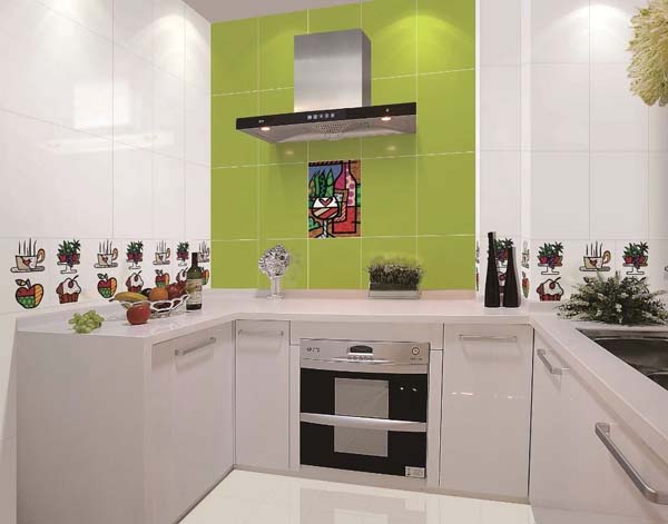 白色主色调搭配绿色背景墙厨房装修效果图